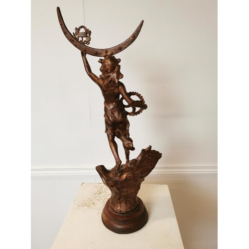 173 - Art Deco spelter figure of Lady mounted on mahogany base. {52 cm H x 25 cm W x 12 cm D}.