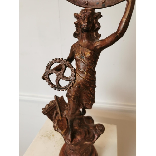 173 - Art Deco spelter figure of Lady mounted on mahogany base. {52 cm H x 25 cm W x 12 cm D}.