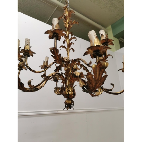 19 - Mid century gilded French twelve branch chandelier. { 100cm Drop X 70cm Dia }.