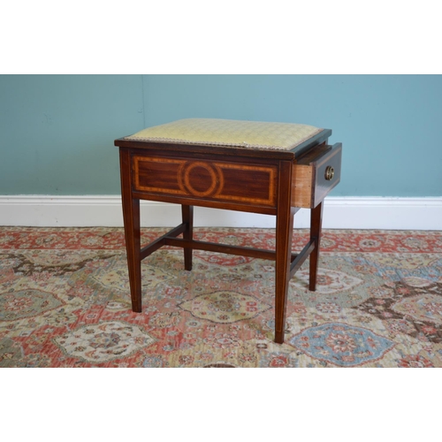 232 - Edwardian mahogany inlaid piano stool with upholstered seat and music sheet drawer in the side raisi... 