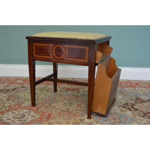 232 - Edwardian mahogany inlaid piano stool with upholstered seat and music sheet drawer in the side raisi... 