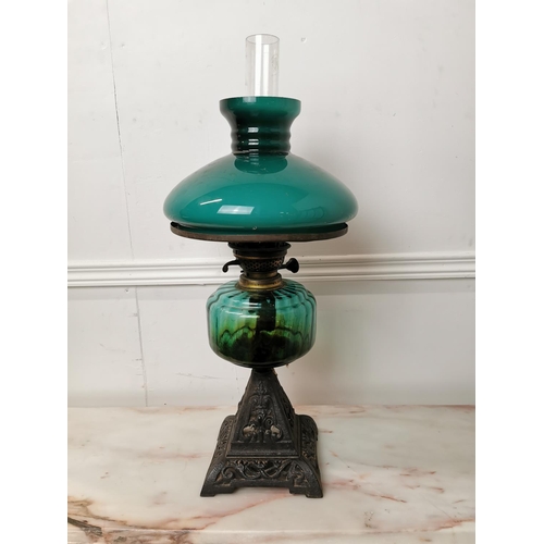 236 - 19th. C. oil lamp with cast iron base blue glass bowl and mushroom shade { 61cm H X 26cm Dia }.