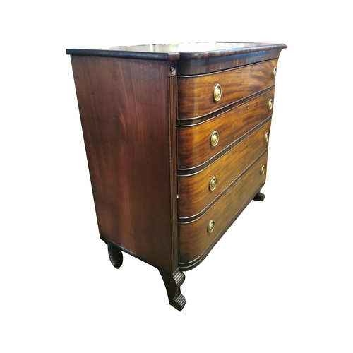 240 - Late Georgian mahogany bow fronted chest the four graduated long drawers raised on ogee feet. { 112c... 