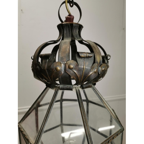 243 - Brass and glass hexagon hall lantern { 86cm H X 29cm Dia }.