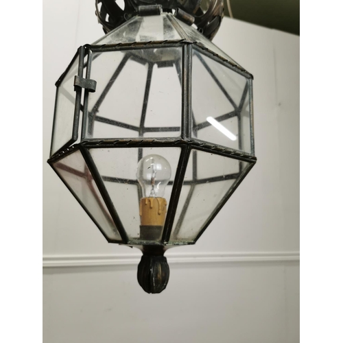 243 - Brass and glass hexagon hall lantern { 86cm H X 29cm Dia }.