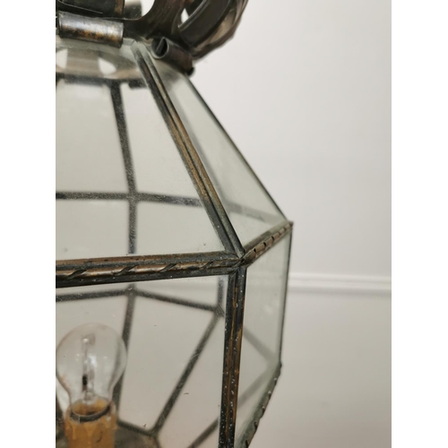 243 - Brass and glass hexagon hall lantern { 86cm H X 29cm Dia }.