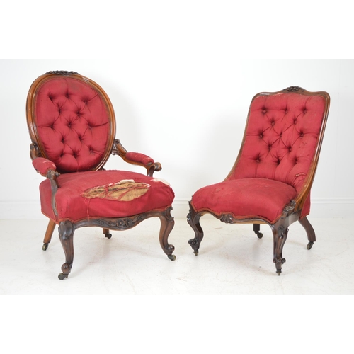 247 - Pair of 19th. C. deep buttoned upholstered carved mahogany ladies and gents armchairs raised on cabr... 