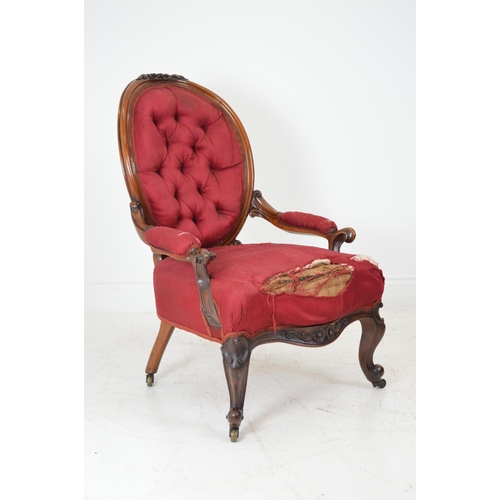 247 - Pair of 19th. C. deep buttoned upholstered carved mahogany ladies and gents armchairs raised on cabr... 