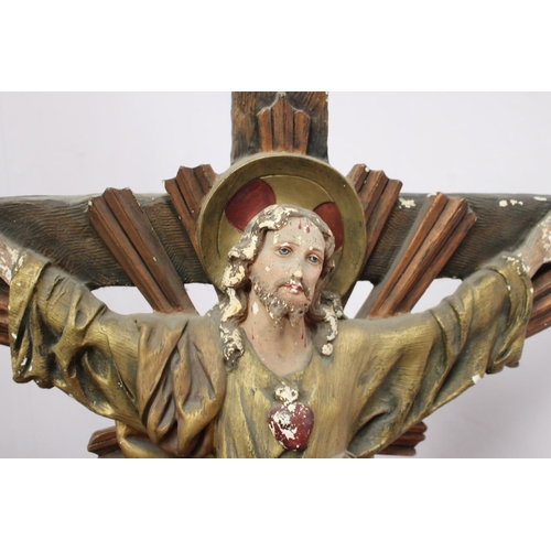 249 - Plaster figure of Christ on the Cross { 74cm H X 56cm W X 18cm D }..