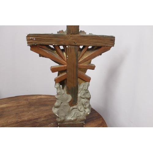 249 - Plaster figure of Christ on the Cross { 74cm H X 56cm W X 18cm D }..