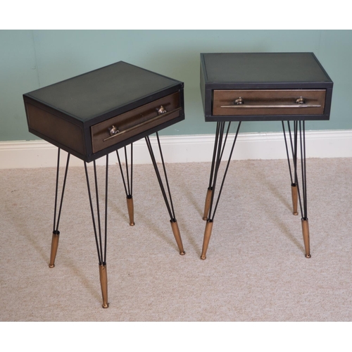 259 - Pair of metal industrial style bed side tables with single drawer in the frieze raised on tapered le... 