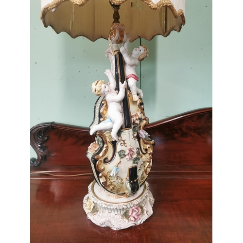 262 - Pair of Italian ceramic table lamps in the form of Cherubs ans violins with shades { 120cm H X 46cm ... 