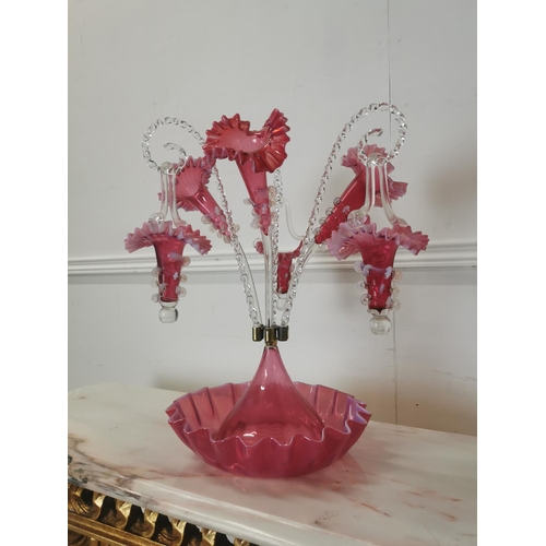 263 - Ruby glass epergne with three flutes, three hanging baskets and three candy sticks { 43cm H X 40cm D... 