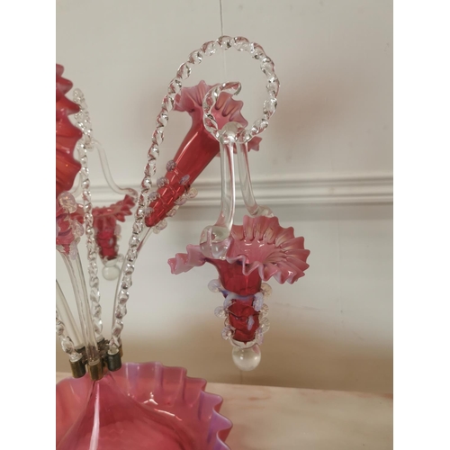 263 - Ruby glass epergne with three flutes, three hanging baskets and three candy sticks { 43cm H X 40cm D... 