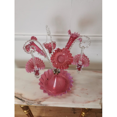 263 - Ruby glass epergne with three flutes, three hanging baskets and three candy sticks { 43cm H X 40cm D... 