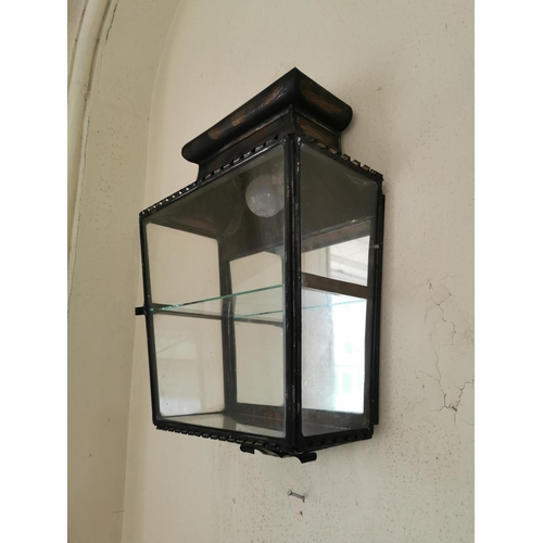 266 - Pair of brass and glass wall lanterns { 40cm H X 26cm W X 13cm D }.