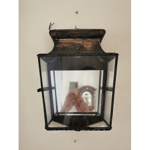 266 - Pair of brass and glass wall lanterns { 40cm H X 26cm W X 13cm D }.