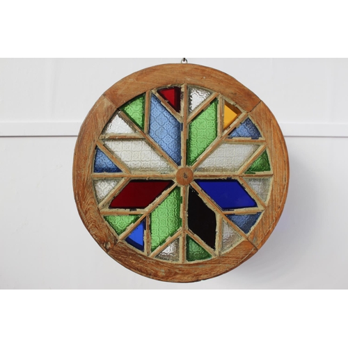 269 - Circular pine window frame with stain glass panels {  61cm Dia X  8cm D  }.