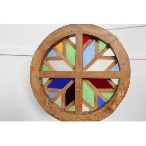 269 - Circular pine window frame with stain glass panels {  61cm Dia X  8cm D  }.