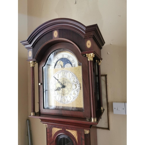 274 - Exceptional quality inlaid mahogany and brass long cased clock with silvered brass rolling moon arch... 