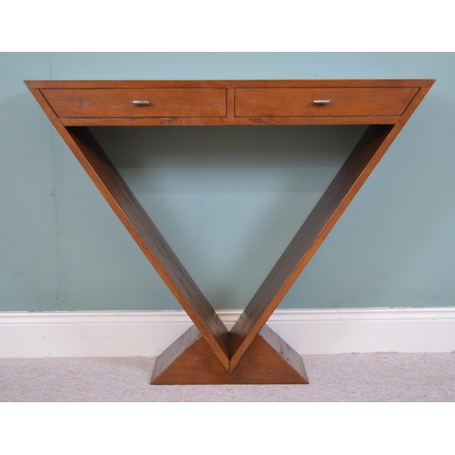 281 - Walnut V - shaped console table with two short drawers in the frieze, in the Art Deco style { 80cm H... 