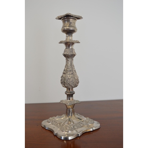 306 - Set of four silver plated candle sticks. { 31cm H X 13cm Sq }