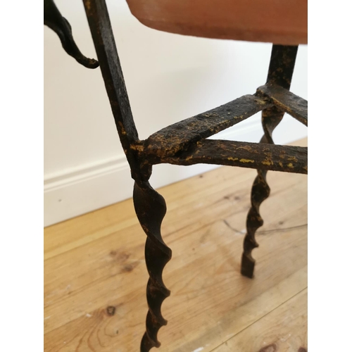 311 - Early 20th C glazed terracotta bowl on wrought iron stand. {67 cm H x 36 cm Diam}.