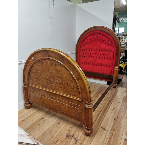 314 - 19th. C. pitch pine bed with deep buttoned crushed velvet upholstery { 180cm H X 222cm W X 156cm D }