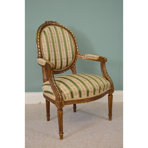 320 - Pair of French upholstered gilt wood parlour chairs. { 93cm H X 60cm W }.