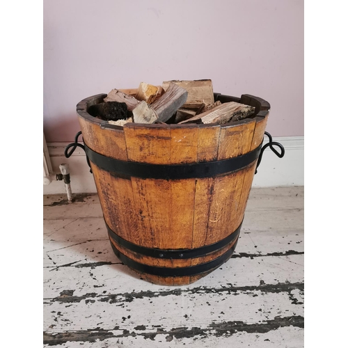 335 - 19th. C. metal bound oak log bucket { 57cm H X 73cm Dia }.