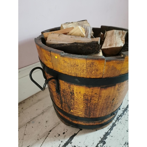 335 - 19th. C. metal bound oak log bucket { 57cm H X 73cm Dia }.