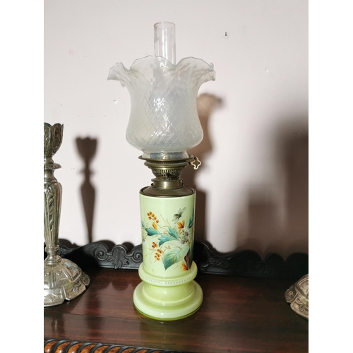 337 - 19th C. painted glass oil lamp with tulip etched shade {57 cm H x 15 cm Dia.}.