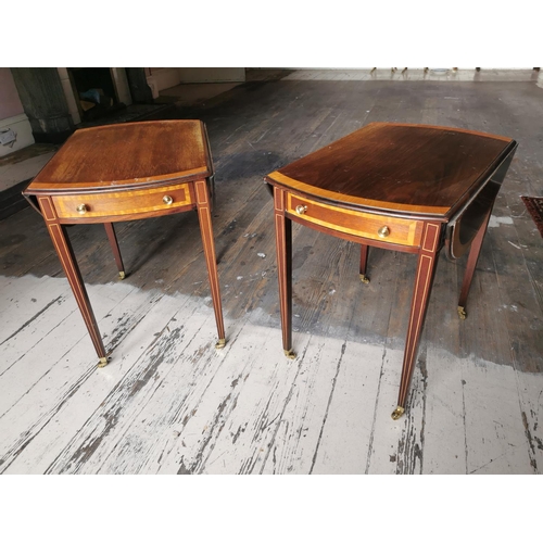 338 - Pair of mahogany and satinwood double drop leaf tables with single drawer in the frieze raised on ta... 