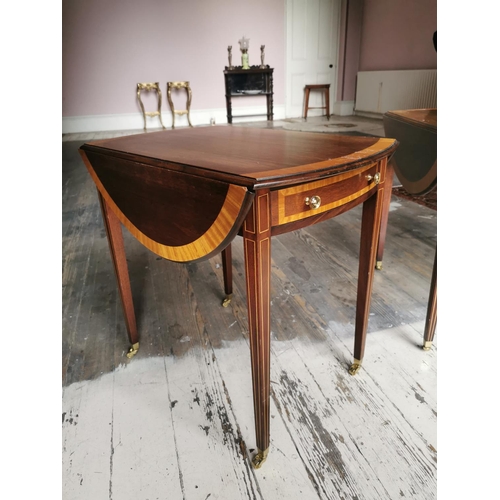 338 - Pair of mahogany and satinwood double drop leaf tables with single drawer in the frieze raised on ta... 