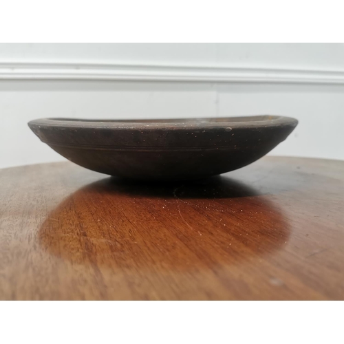 34 - 19th. C. yew wood butter bowl with metal stitching { 7cm H X 29cm Dia }.