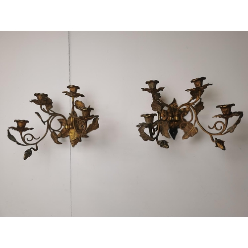 340 - Pair of gilded two branch sconces { 23cm H X 33cm W X 23cm D }.