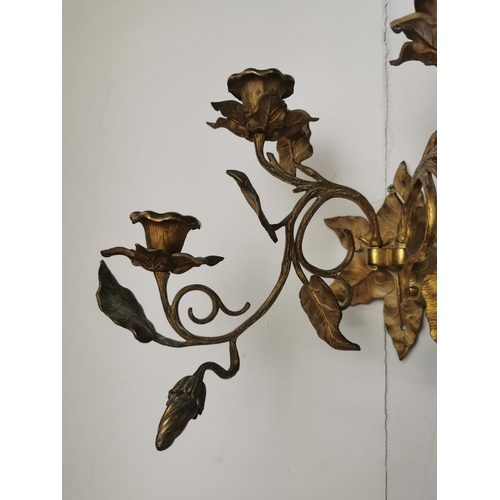 340 - Pair of gilded two branch sconces { 23cm H X 33cm W X 23cm D }.