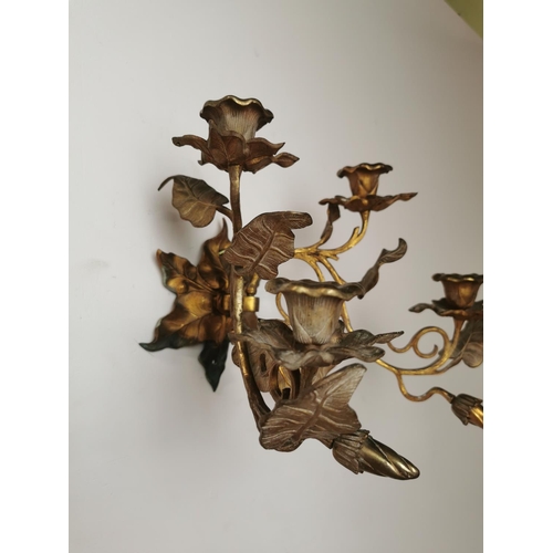 340 - Pair of gilded two branch sconces { 23cm H X 33cm W X 23cm D }.