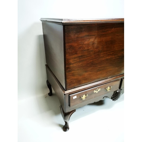 342 - Irish Georgian mahogany chest on stand with two drawers and carved shell in the frieze on cork pad f... 