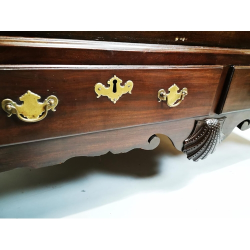 342 - Irish Georgian mahogany chest on stand with two drawers and carved shell in the frieze on cork pad f... 