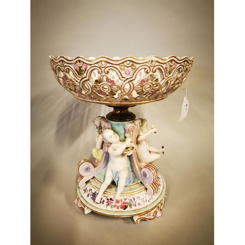 343 - 19th C. German ceramic bowl the figure of artists under a floral hand painted and gilded bowl, blue ... 