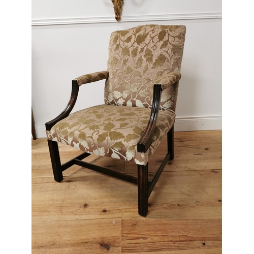 350 - 19th C. mahogany and upholstered Gainsborough arm chair on square legs {90 cm H x 61 cm W x 62 cm D}... 