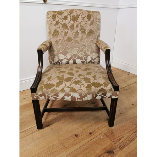 350 - 19th C. mahogany and upholstered Gainsborough arm chair on square legs {90 cm H x 61 cm W x 62 cm D}... 