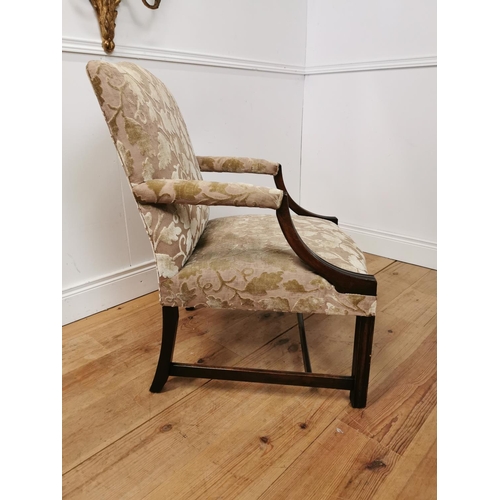 350 - 19th C. mahogany and upholstered Gainsborough arm chair on square legs {90 cm H x 61 cm W x 62 cm D}... 