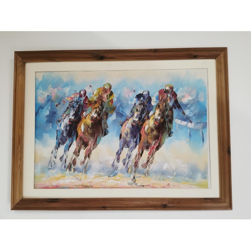 354 - A Venie The Horse Race framed Oil on Board { 58cm H X 77cm W }.