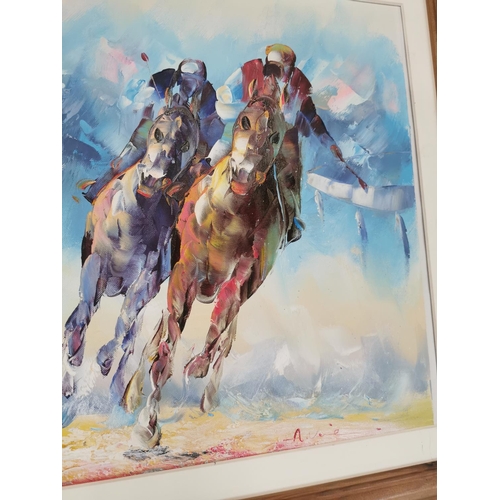 354 - A Venie The Horse Race framed Oil on Board { 58cm H X 77cm W }.