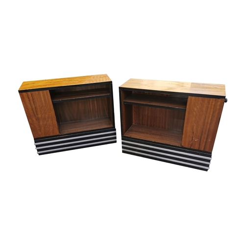 356 - Pair of Art Deco walnut and ebony side cabinets decorated with aluminium strips, the single frieze d... 