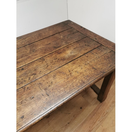 364 - 18th. C. oak kitchen table raised on champhered square legs with single stretcher { 75cm H X 193cm W... 