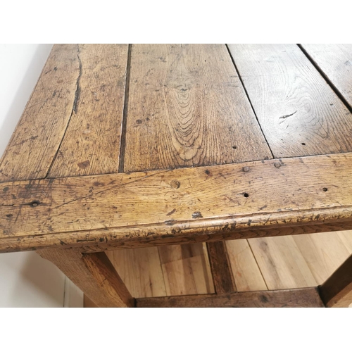 364 - 18th. C. oak kitchen table raised on champhered square legs with single stretcher { 75cm H X 193cm W... 