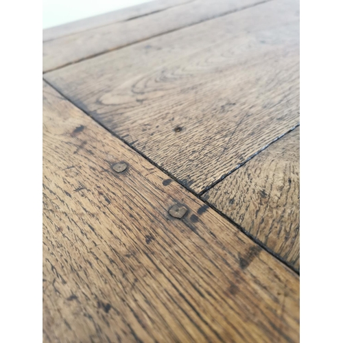 364 - 18th. C. oak kitchen table raised on champhered square legs with single stretcher { 75cm H X 193cm W... 